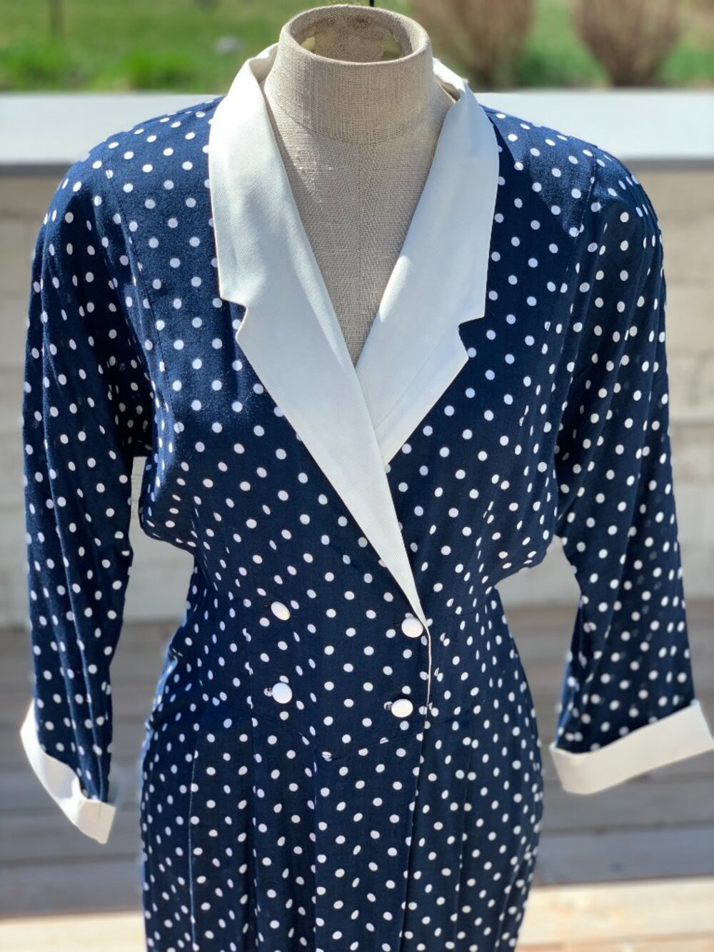 Vintage 90s Polka Dot Dress Navy White Double Breasted Modest Rockabilly Sheath - Picture 2 of 13